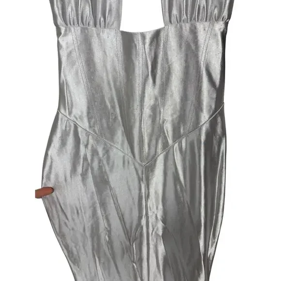 Retrofete Charity Gown Maxi Halter Party Formal Gala Prom Classy Guest Silver S